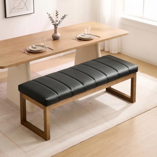 52.7" Bedroom Bench for End of Bed, Faux Leather Entryway Bench (Black-PU) | Modern Upholstered Dining Bench & Footrest Stool Bench with Solid Wood Frame for Bedroom, Living Room - color: Black-pu