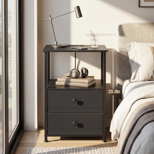 Nightstands Set of 2, Night Stand with Charging Station | Bedside Table with 2 Fabric Drawers for Bedroom, End Tables with Storage Shelf for Small Spaces, Black - color: Black, style: Power