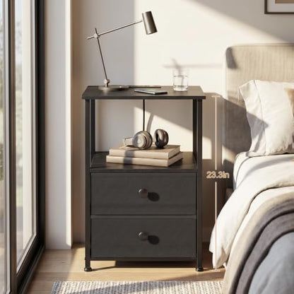 Nightstands Set of 2, Night Stand with Charging Station | Bedside Table with 2 Fabric Drawers for Bedroom, End Tables with Storage Shelf for Small Spaces, Black - color: Black, style: Power