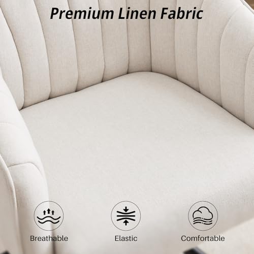 Swivel Desk Chair No Wheels Modern Upholstered Vanity Chairs Stationary | Comfy Dining Chairs with Mid Back Computer Task Chair Swivel Accent Arm-Chair for Home Office/Vanity/Bedroom, Beige - color: Beige