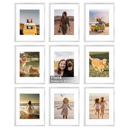 11x14 Picture Frame Set of 9, 14x11 Photo Frames with Plexiglass for 8x10 Picture with Mat or 11x14 Without Mat, Art Collage for Wall Gallery and Tabletop Display, 11 x 14 Frame Silver - color: Silver, size: 11x14