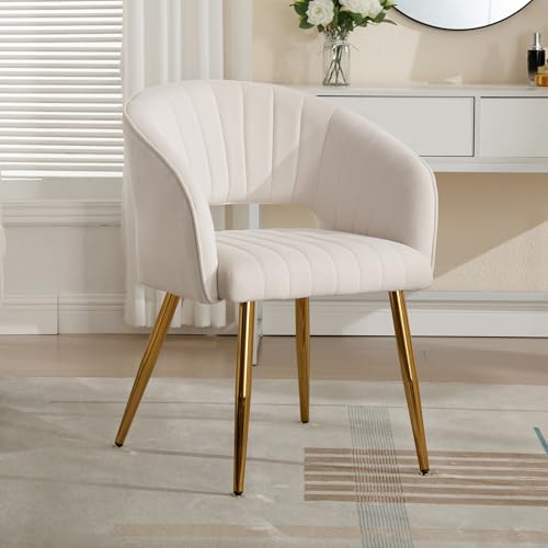 Velvet Home Office Desk Vanity Chair, No Wheels, Gold Legs, Off-White Cream | Modern Accent Chair with Stylish Stripe Design, Spacious‌ Soft Seat for Girls & Women Bedroom Makeup or Nail Table - color: Off-white Cream Velvet, No Wheels