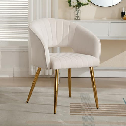 Velvet Home Office Desk Vanity Chair, No Wheels, Gold Legs, Off-White Cream | Modern Accent Chair with Stylish Stripe Design, Spacious‌ Soft Seat for Girls & Women Bedroom Makeup or Nail Table - color: Off-white Cream Velvet, No Wheels