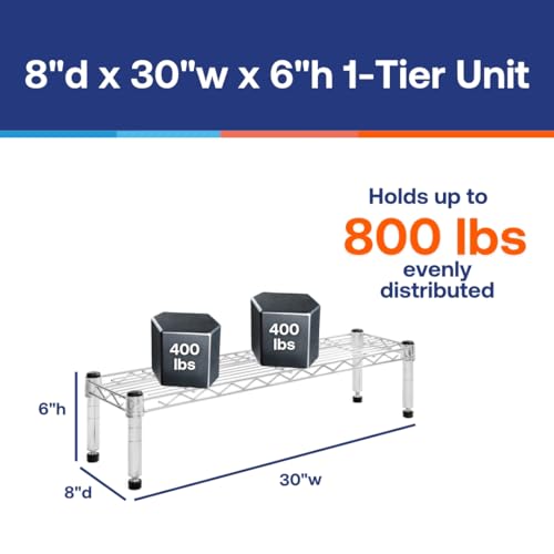 Shelving Inc. 8" d x 30" w Chrome Wire Shelving with 1 Tier Shelf, Weight Capacity 800lbs Per Shelf - size: 8" d x 30" w x 6" h