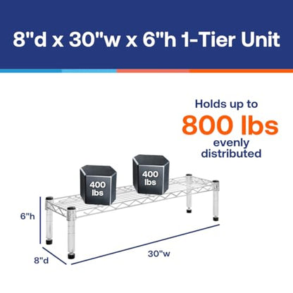 Shelving Inc. 8" d x 30" w Chrome Wire Shelving with 1 Tier Shelf, Weight Capacity 800lbs Per Shelf - size: 8" d x 30" w x 6" h