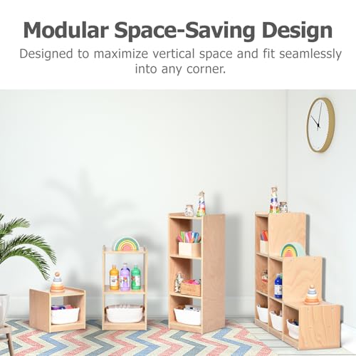 Cube Storage Cabinet, L-Shaped Reversible Ladder Corner Bookshelf | Modular 3-Piece Wooden Freestanding Organizer with 6-Cube for Kids Room & Home Office