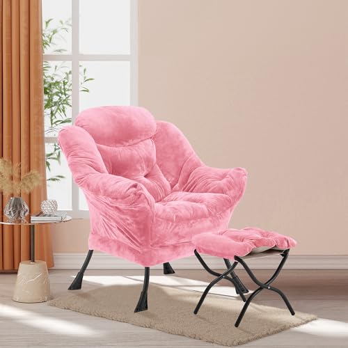 Youtanic Lazy Chair with Folding Ottoman, Accent Chair Plush Upholstered with Metal Structure and Non-Slip Pads, Sofa Armchair with Footrest and Side Storage Bag for Dorm, Room, Office, Pink - color: Plush Pink-f