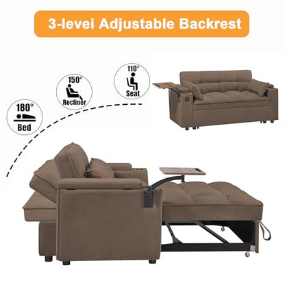 65" 3-in-1 Sofa Bed, Pull Out Sleeper Sofa with 360° Swivel Side Table, Storage Armrests, Cup Holders & USB Charging Ports, Chenille Convertible Couch for Living Room - color: 1107-coffee Brown-