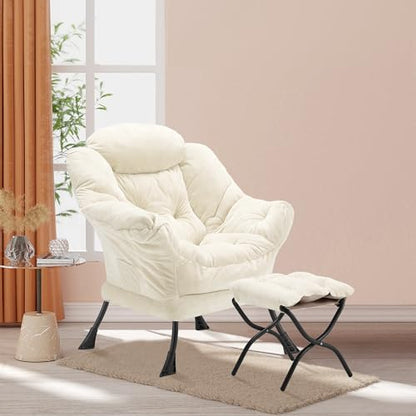 Youtanic Lazy Chair with Folding Ottoman, Accent Chair Plush Upholstered with Metal Structure and Non-Slip Pads, Sofa Armchair with Footrest and Side Storage Bag for Dorm, Room, Office, Beige - color: Plush Beige-f