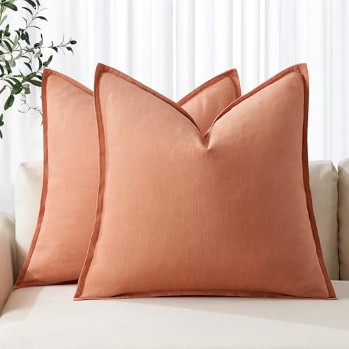 MIULEE Decorative Linen Pillow Covers 18x18 Inch Coral | Boho Farmhouse Neutral Couch Throw Pillows for Bed, Pack of 2 Accent Modern Pillowcases, Sofa Livingroom Home Decor - color: Coral, size: 18" x 18" (Pack of 2)
