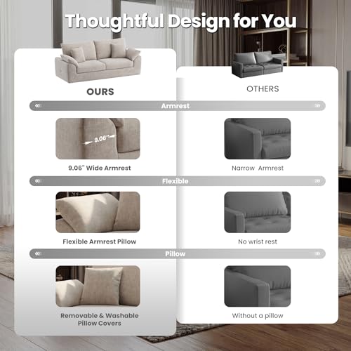 MALOL 75.6" Cloud Boneless Sofa, Loveseat Couches with 4 Pillows, Modern Living Room 2 Seater Sofa for Small Space, Apartment, No Assembly, Camel - color: New Camel, size: 75.6"
