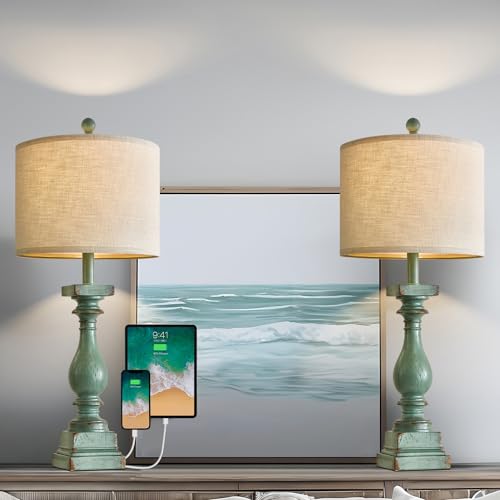BOBOMOMO 27" Farmhouse Table Lamp Set of 2 with USB A+C for Bedroom Living Room Vintage Rustic Traditional Nightstand Bedside Lamps Retro Side Table Lamps (Green) - color: Green