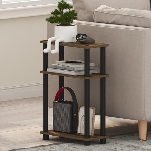Furinno Turn-N-Tube Narrow Side Table, 3-Tier Rectangular Modern End Table with Storage Shelf, Slim Toolless Assembly Nightstand, Night Stand, Bedside Table, for Living Room, Bedroom, Amber Pine - color: Amber Pine/Black
