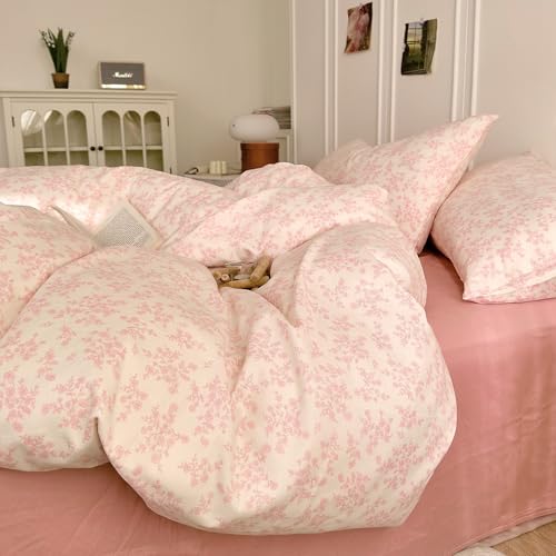Pink Floral Duvet Cover Full Size Cotton Double Gauze Comforter Cover Full Zipper Pattern Boho Cute Duvet Cover Set with 2 Pillow Cases Vintage Girls Bedding Set Farmhouse Duvet Protector - color: C Floral04, size: Full(Duvet Cover and 2 Pillows Sham)
