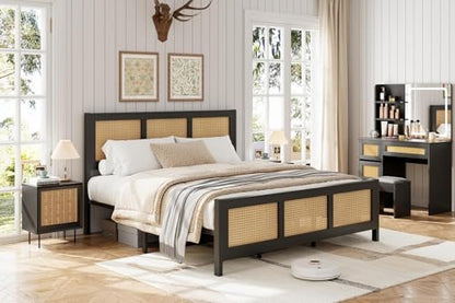 GarveeHome Rattan Queen Size Bed Frame with Headboard, Black | Boho Bed Frame with Strong Metal Slat, Noise Free, No Box Spring Needed - color: Black, size: Queen (No Drawers)