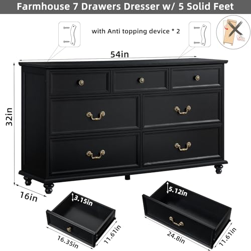 Joaxswe Farmhouse 54" 7 Drawers Dresser for Bedroom, Wide Chest of Drawers w/ 4 Wooden Legs, Vintage Large Closet Storage Dressers Organizer for Hallway, Wood Rustic TV Stand for Living Room, Black - color: Black, size: 16"D x 54"W x 32"H (7 Drawers)