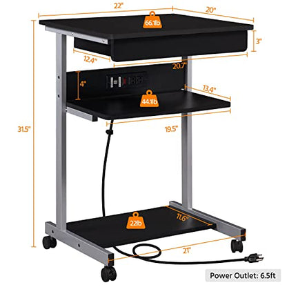 Yaheetech Small Rolling Computer Desk with Power Outlet, Laptop Cart, Black | A Small Rolling Desk with a Power Outlet, 2 USB Ports, a Drawer, and a Shelf Fits a Laptop and Printer into Tight Spaces.