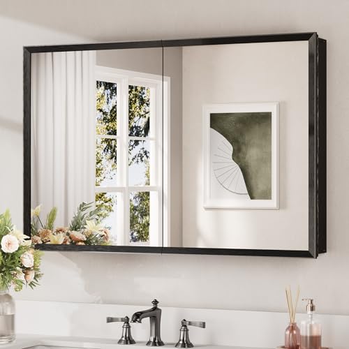 Keonjinn Black Medicine Cabinet Mirror 36 x 24, 2 Door, Assembly Needed | Stepless Adjustable Shelves, Lightweight Aluminum, Rust-Resistant, Surface Mount or Recessed Bathroom Mirror with Storage - color: Black, size: 36x24 In