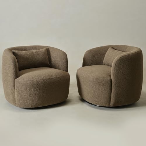 KINWELL 68" Boucle Upholstered Loveseat with 2 Swivel Chairs, Teddy Brown | No Assembly Sherpa Living Room Furniture Sets, 2-Seater Couch Settee and Barrel Chairs Armchairs for Small Spaces Apartment - color: Teddy Brown, size: Loveseat + 2 Chairs
