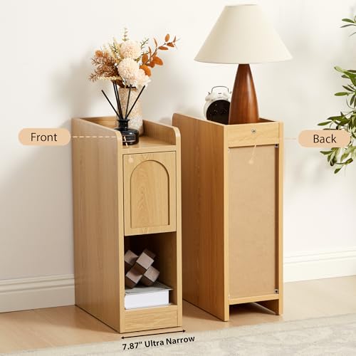 Narrow Nightstands Set of 2, Slim Bedside Tables with Raised Edge Top, Arched Drawer & Open Shelf, Modern Wooden Small End Tables for Bedroom Small Spaces (2, Natural) - color: Natural-arched Drawer, size: 2-Pack