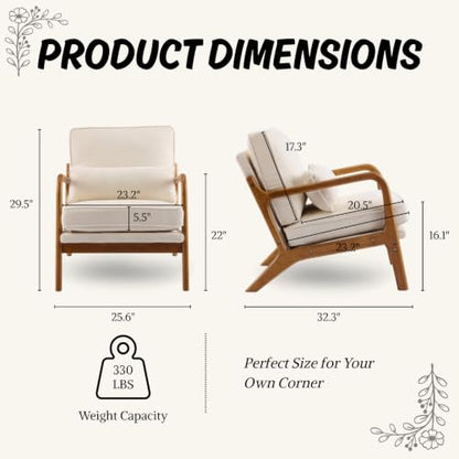 Karl home Mid-Century Modern Accent Reading Chair, Creamy | Chenille Upholstered, Solid Wood Frame, Soft Cushion, Lumbar Pillow, Lounge Armchair for Living Room, Bedroom, Balcony, Study - color: Chenille Creamy