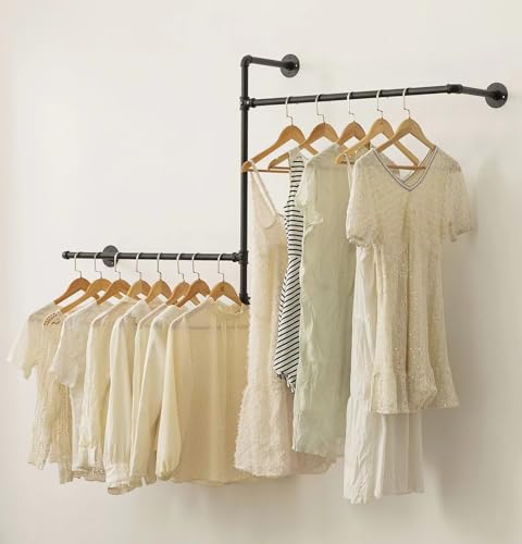 Industrial Pipe Clothing Rack, Wall Clothes Rack, Hanging Rod, Garment Rack | Pipe Clothes Rails, Multi-Purpose, Heavy Duty, Space-Saving, Clothes Bar, Organizer, Closet - style: wall clothing rack-2 hanging rods