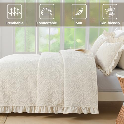 DJY Quilt King Size Bedding Sets, Beige Ruffled Bedspread Coverlet | Lightweight Summer Soft Microfiber Bedspread, Bedding Coverlet for All Seasons (1 Quilt, 2 Pillow Shams) - color: Beige, size: King