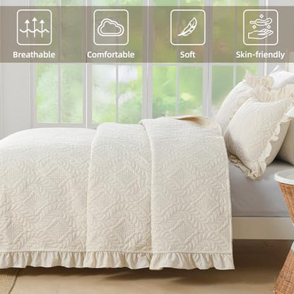 DJY Quilt King Size Bedding Sets, Beige Ruffled Bedspread Coverlet | Lightweight Summer Soft Microfiber Bedspread, Bedding Coverlet for All Seasons (1 Quilt, 2 Pillow Shams) - color: Beige, size: King