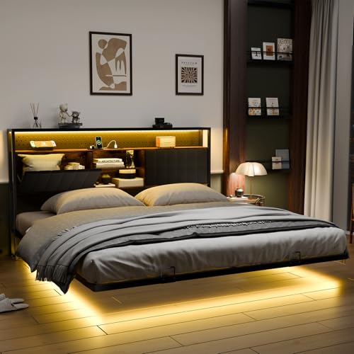 VINGLI King Size Floating Bed Frame with LED Lights and Charging Station, Cozy Hidden Storage Velvet Upholstered Headboard,No Box Spring Needed,Easy Assembly,Black - color: Industrial Brown, size: King