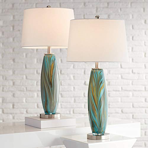 Azure 29 1/2" Tall Table Lamps Set of 2 Blue Art Glass Modern Brown | Colors May Vary. Handcrafted Living Room Bedroom House Bedside Nightstand Home Office Family White Drum Shade - color: Blue Brown