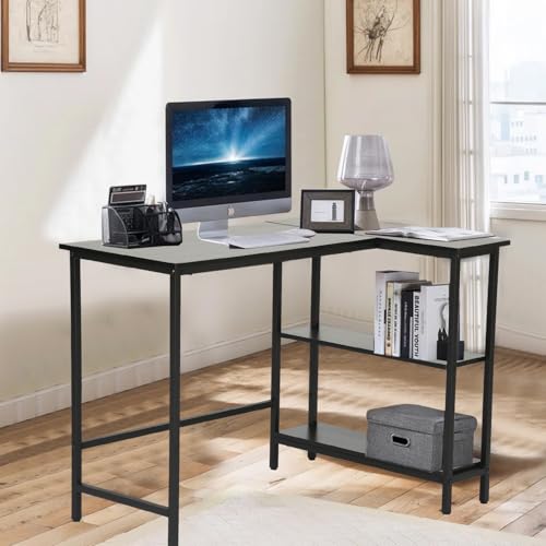 43 Inch L-Shaped Computer Desk, L Shaped Desk with Reversible Storage Shelves, Small Office Desk with Durable Metal Frame, Computer Desk L Shaped, Small L Shaped Desk for Bedroom Living Room, Black - size: 43 Inch
