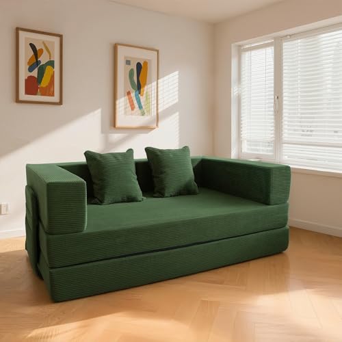 5-in-1 Futon Sofa Bed Queen Floor Convertible Couch Foldable Lounge Green | Multi-Position Convertible Lounge Couch for Guest Room & Apartment, Removable Washable Cover, Space Saving - color: Green
