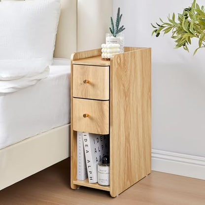 Narrow Nightstand Set of 2, Wooden Small 2 Drawer Nightstand, Slim Side End Table, Skinny Bedside Table, Mid Century Modern Night Stand with Drawers for Bedroom (Natural-2 pcs) - color: Natural-2 Pcs