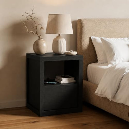 Wabi-sabi Style Nightstand, Modern Bedside Table with Charging Station,Thickened Wood End Table with Drawer Storage & Open Shelf, Night Stand for Bedroom, Black - color: Black