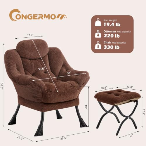 Lazy Chair with Folding Ottoman,Leisure Sofa Chair,Soft Fabric Armchair with Armrests and Side Pockets, Reading Chair with Footrest for Living Room, Bedroom, Office (Plush Dark Brown) - color: Plush Dark Brown