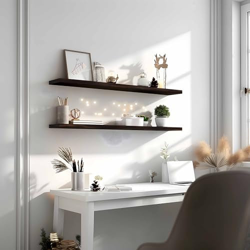 PHPH 48 Inch Wood Floating Shelves for Wall, Wooden Wall Shelves for Bedroom, Set of 4 Brown
