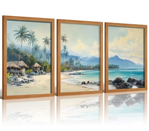 LDXCJXOR Tropical Beach Landscape Wall Art, 3-Piece Wooden Framed Canvas Painting, Coastal Palm Tree Wall Decor for Living Room Bedroom, 12x16 Inch Ready to Hang - color: Tropical Beach Landscape Wall Art,, size: 16"L x 12"W