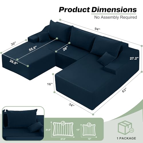 U Shaped Modular Sectional Couch for Living Room, Modular Cloud Sofa with Ottoman, No Assembly Boneless Couches with Deep Seat, Corduroy Fabric (Blue, Right Facing) - color: Corduroy Blue, size: 94" U-Shaped Sofa-R