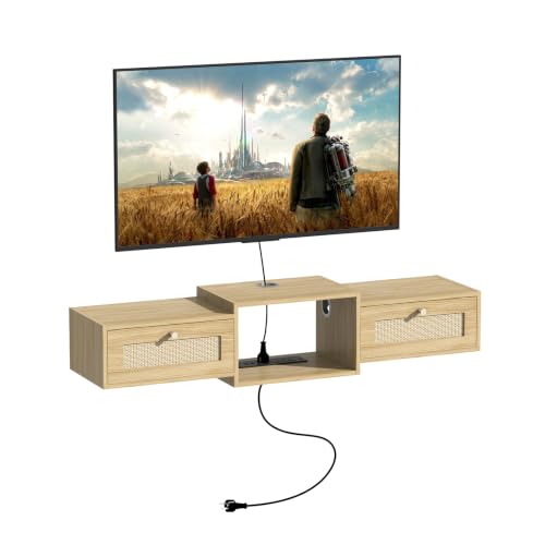 43" Rattan Floating TV Stand, Entertainment Center with Storage | Floating TV Stand with Doors Wall Mounted Modern Media Console Shelf for Bedroom, Wood Floating TV Shelf for Living Room - color: Light Brown