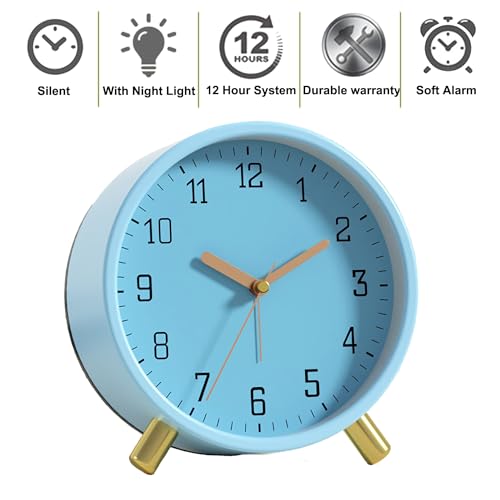 SHISEDECO Small Analog Alarm Clock, Battery Operated Desk Clock, Blue | Bedside Analog Non-Ticking Silent Small Deskclock Battery Operated for Living Room, Bedroom, Office - color: Blue
