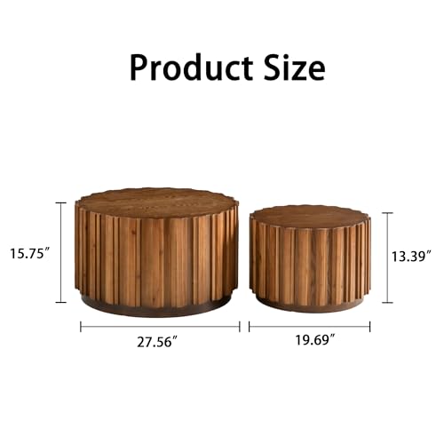 WILLIAMPSACE Round Nesting Coffee Table Set of 2, Rustic Farmhouse Wooden Drum Center Tables with Vertical Slatted Body, Tea Table for Living Room Apartment, No Assembly (19.7"+27.5", Walnut) - color: 19.7"+27.5", Walnut