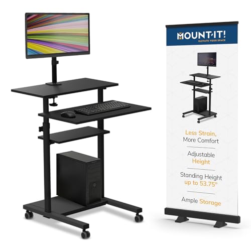 Mount-It! Mobile Computer Cart with Monitor Mount for Screen up to 32", Portable Desk on Wheels, Rolling Laptop Stand for Teachers, Office, Classroom, Rise up to 53", Podium, Keyboard Tray, Black - color: Black