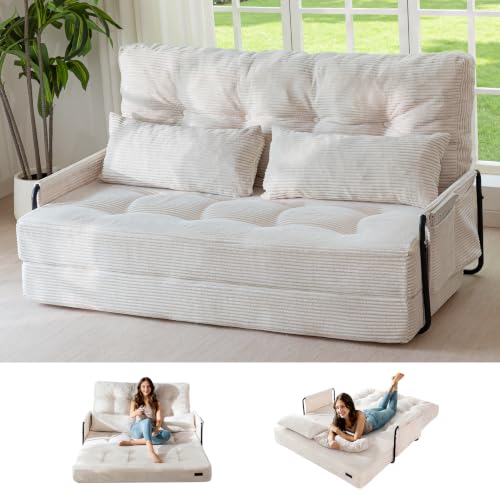 MAXYOYO Adjustable Folding Sofa Bed Couch with 2 Pillows, Beige | Multi-Functional Bean Bag Bed, 5-Position Foldable Lazy Floor Sofa Bed with Armrest, Versatile Floor Seating for Reading - color: Beige