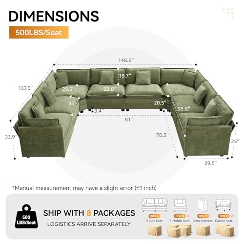 147'' Oversized U Shaped Cloud Sectional Sofa, Chenille Deep Seat Couches for Living Room, Comfy Upholstered Modular Sectional Sofa Couch, Green - color: Green, size: 147'' Oversized U Shape
