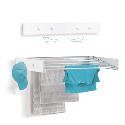Ivation Retractable Wall Mounted Clothes Drying Rack, 32" Foldable Laundry Drying Rack for Clothing | Collapsible Space-Saving Design & 5 Rods | Easy Installation with Hardware & Wall Template (White) - size: 32 Inch