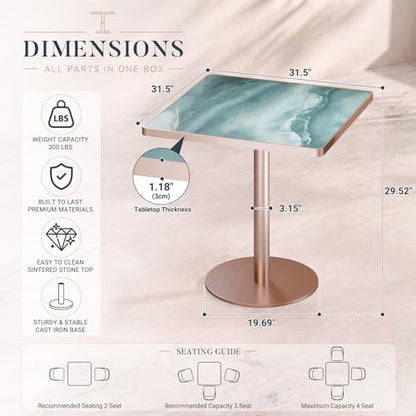31.5'' Tulip Table, Square Dining Table with Glossy Sintered Stone Tabletop | Rose Gold Aluminum Alloy Edge & Pedestal, Small Bistro Table for Dining Room/Café/Small Spaces/Restaurant (Aqua Jade) - color: Aqua Jade (Rose Gold), size: Square