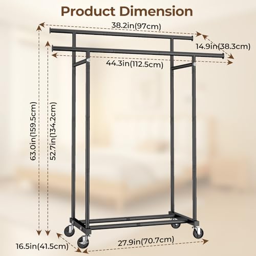 HYSEYY Double Rods Clothes Rack, Rolling Clothing Rack for Hanging Clothes Portable Wardrobe Rack, Metal Garment Rack Sturdy Coat Rack for Bedroom Laundry Living Room, Black - color: Black