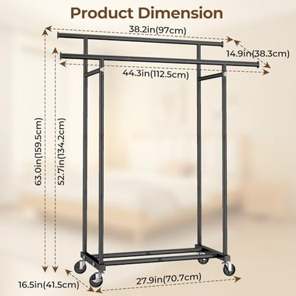 HYSEYY Double Rods Clothes Rack, Rolling Clothing Rack for Hanging Clothes Portable Wardrobe Rack, Metal Garment Rack Sturdy Coat Rack for Bedroom Laundry Living Room, Black - color: Black