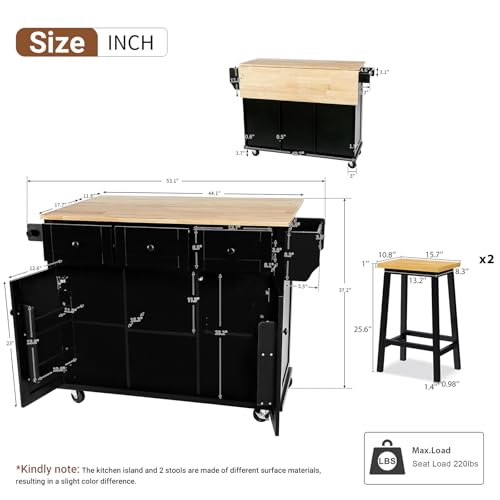 53'' Mobile Kitchen Island with Seating, Rolling Kitchen Island with Storage and Drop Leaf, 3 Drawers Islands Cart Rubberwood Top, 2 Open Shelves, Isla para Cocina, Black + 2 StooIs
