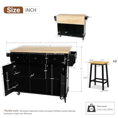 53'' Mobile Kitchen Island with Seating, Rolling Kitchen Island with Storage and Drop Leaf, 3 Drawers Islands Cart Rubberwood Top, 2 Open Shelves, Isla para Cocina, Black + 2 StooIs